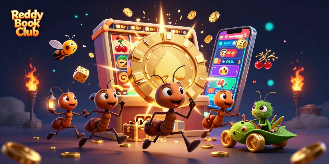 Join Reddy Book Club for thrilling gambling action, featuring a heist scene with cartoon ants and vibrant casino elements.