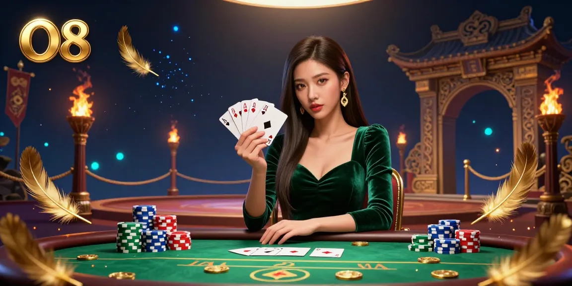 View O8 gameplay with an Asian woman in a stunning poker scene, surrounded by vibrant casino elements.