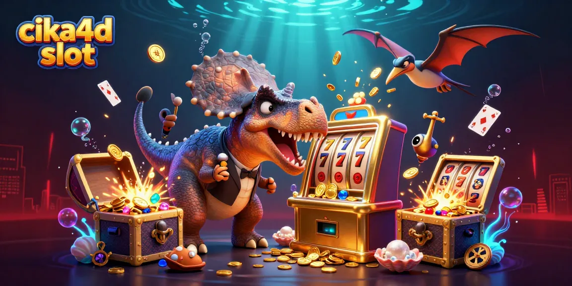 Catching jackpots with cika4d slot in an exciting casino scene of dinosaurs and slot machines.