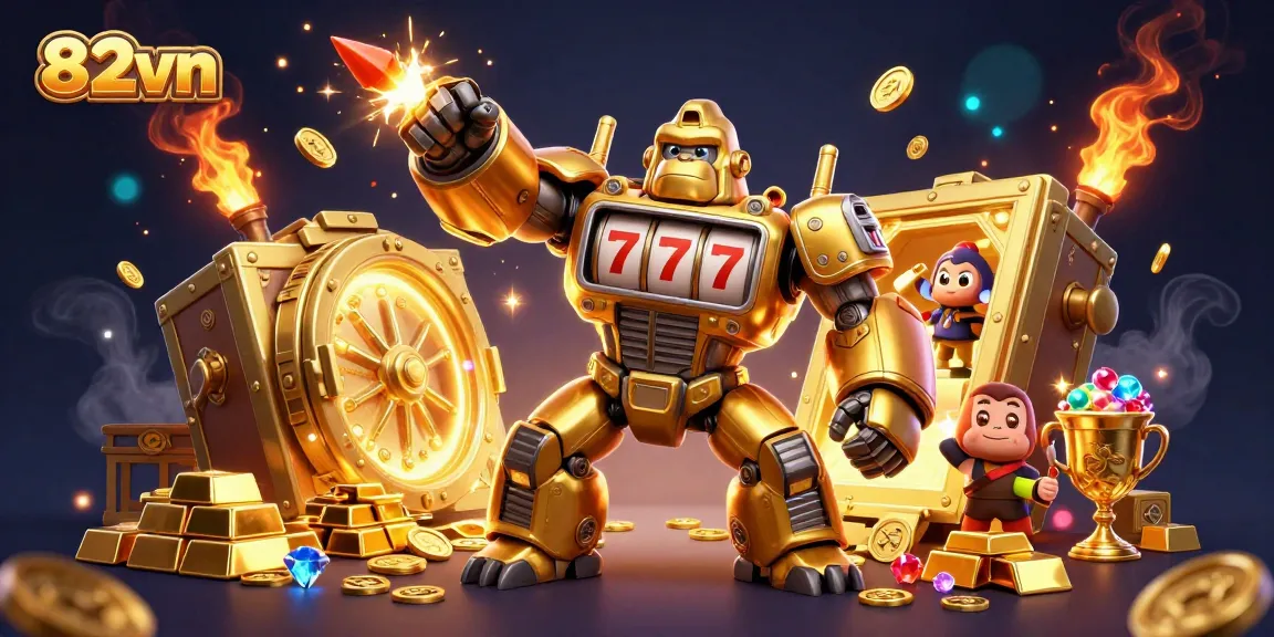 Experience the excitement of 82vn with a golden gorilla mech and spinning reels in a thrilling casino scene.