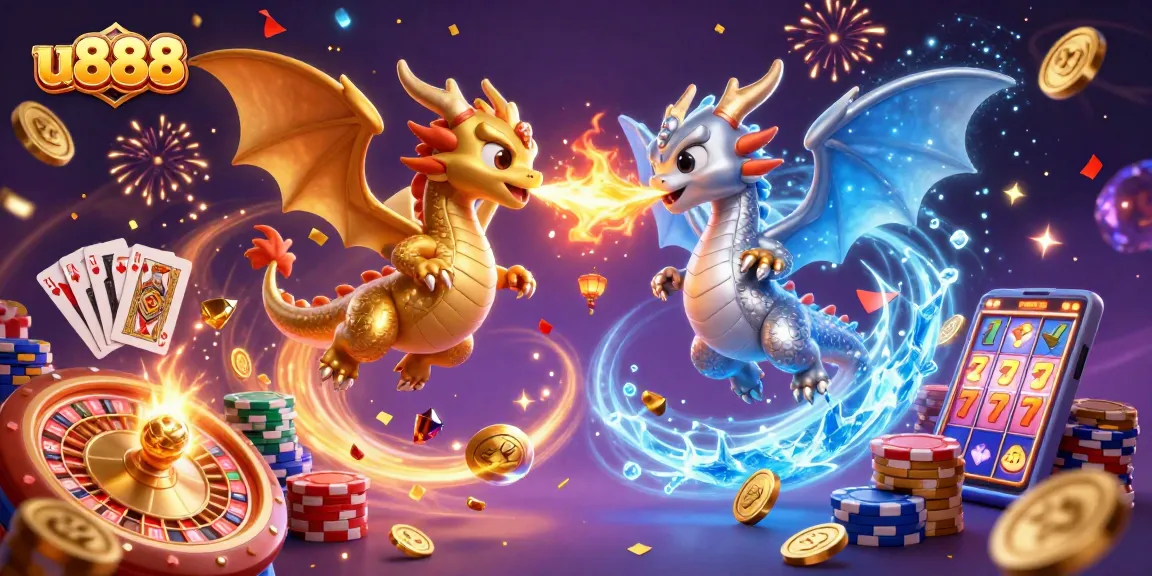 Win big with u888's thrilling slots and games, featuring dynamic dragons and festive casino elements.