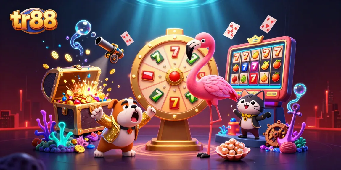 tr88 spinning slot reels with a vibrant game show scene featuring colorful characters and exciting prizes