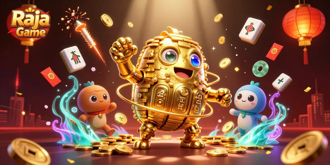 Experience Raja Game with a dynamic illustration showcasing a golden golem and vibrant game elements.