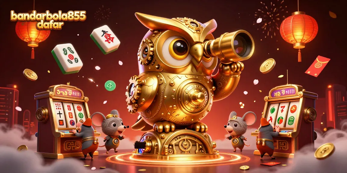Menghadirkan bandarbola855 daftar, ilustrasi 3D menarik dengan burung hantu emas dan mesin slot di kasino.