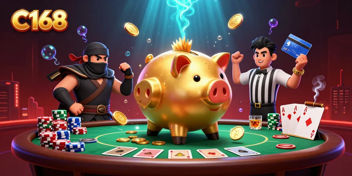 Experience thrilling wins with C168 as a golden piggy bank sumo wrestler and ninja face off at a vibrant poker table.