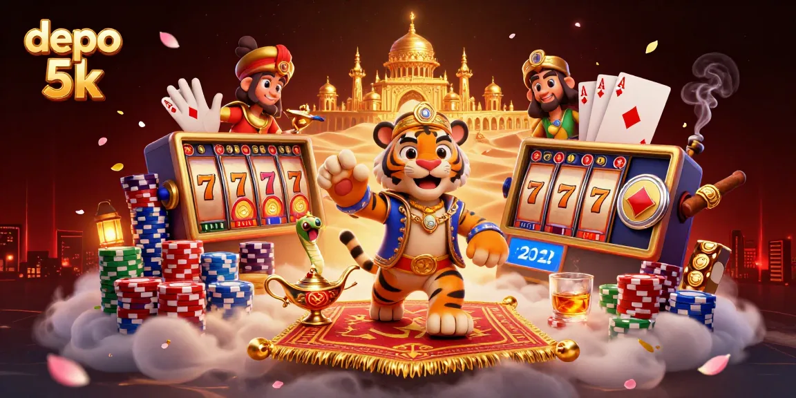 Experience the thrill of depo 5k slots with a vibrant 3D Arabian-themed illustration showcasing captivating game elements.