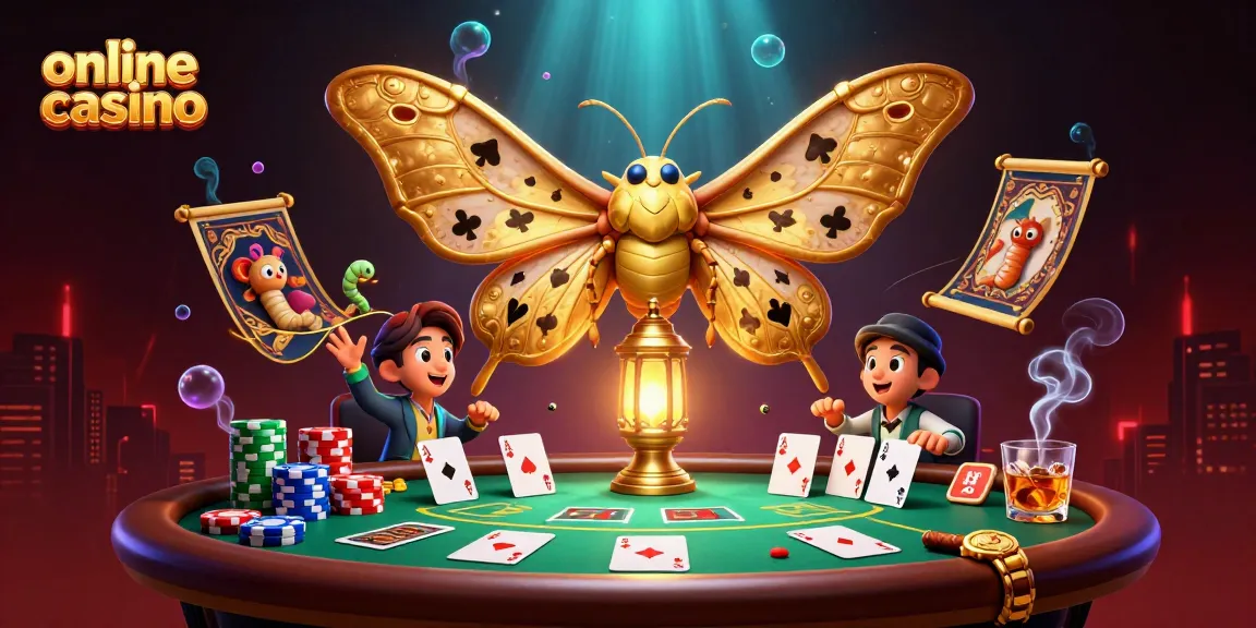 Engaging online casino scene showcasing a majestic atlas moth and poker elements.