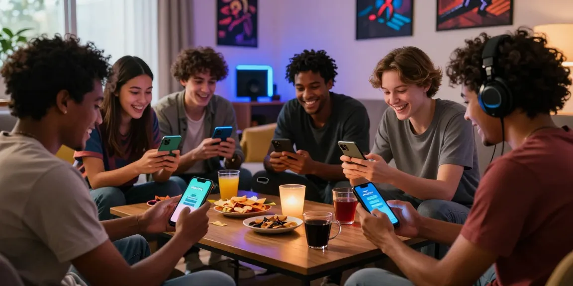 Friends playing rollex 11 on smartphones surrounded by snacks in a cozy gaming environment.