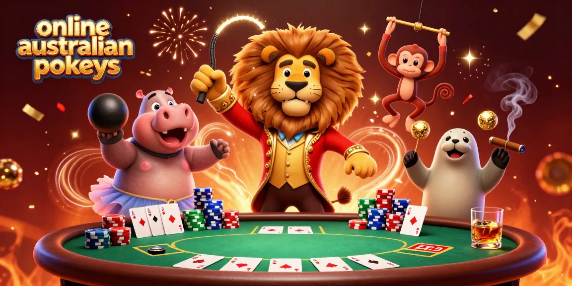 Engaging scene of online australian pokies with dynamic characters and vibrant casino elements.