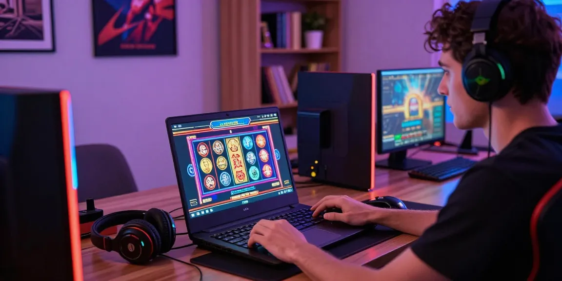 Pengalaman bermain vegas123 dengan grafis mesin slot yang cerah di laptop.