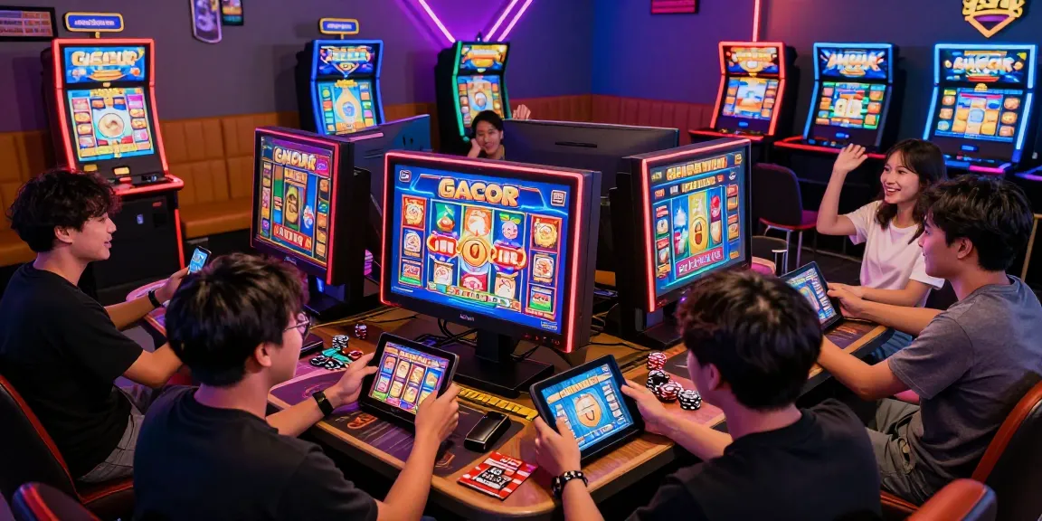 Pengalaman bermain slot gacor di ruang permainan modern dengan pemain antusias dan grafis cerah.